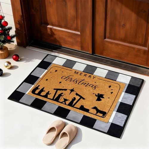 2 Pcs Merry Christmas Doormat, Nativity Scene Door Mat Christmas Non Slip Coir Mats Floor Striped Rug Layering Doormats Seasonal for Xmas Winter Doormats Front Porch Entryway Decor 24” x 32" by Unknown