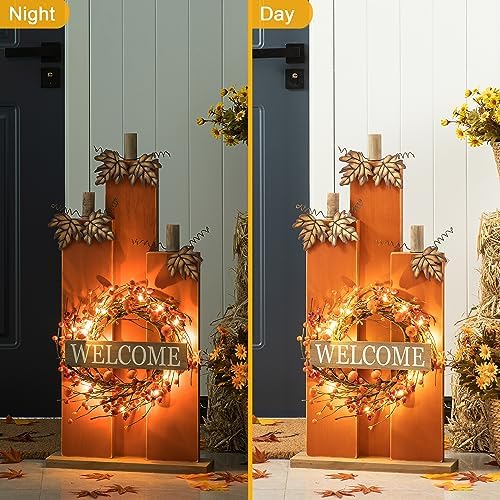 Glitzhome 30" H Farmhouse Wooden Pumpkin Sign with Wreath, Rustic Welcome Fall Porch Sign Standing Decor for Fall Harvest Autumn Thanksgiving Home or Yard - Image 6