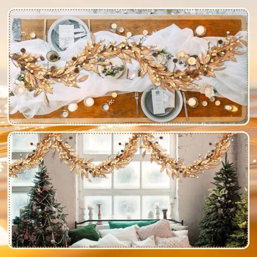 9ft Gold Leaf Christmas Garland, Artificial Bay Leaf Berry Pine Decor - Image 7