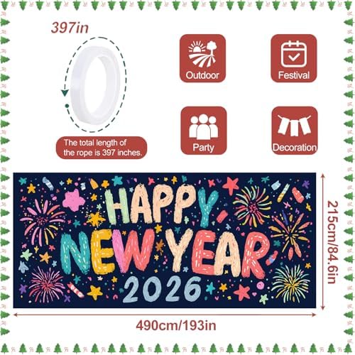 Happy New Year 2026 Garage Door Banner 7x16FT, Colorful Fireworks Garage Door Cover, Large Outdoor New Year Decoration Backdrop for Garage Doors, Fence, Yard, Holiday Party - Image 4