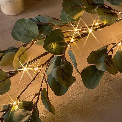 LITBLOOM Lighted Eucalyptus Garland Battery Operated with Timer 6FT 96 LED Artificial Greenery Twig Vine Lights for Room Stairs Mantle Wedding Holiday Decoration Indoor Outdoor - Image 2