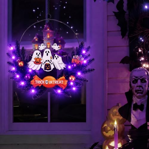 Pre-Lit Halloween Wreath for Front Door, Lighted Ghost with 6H On/18H Off - Image 6