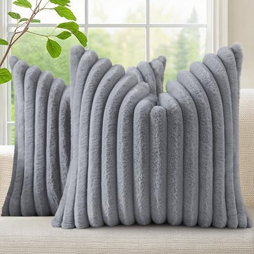 decorUhome Fall Faux Fur Throw Pillow Covers 22x22 Set of 2 Grey by decorUhome