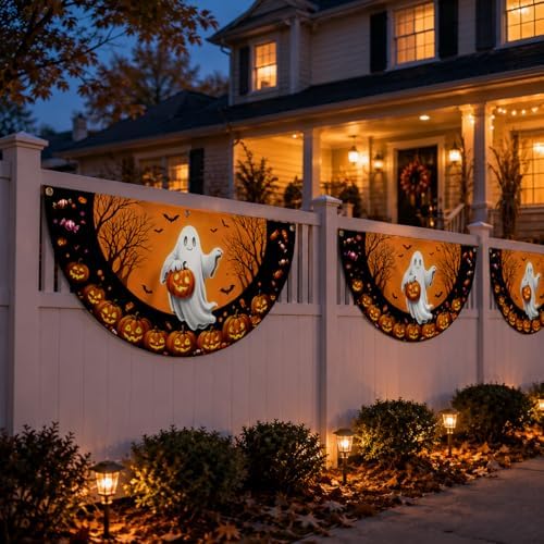 Halloween Half fan Banner Decorative Flag, Ghost Pumpkin Halloween Porch Sign, 100D Polyester Fabric, Fade Resistant, Stain Resistant, Foldable Seasonal Hanging Decor for Front Door, Wall, Window, Indoor Outdoor Party Decoration (4X8FT 1-Pack) - Image 5