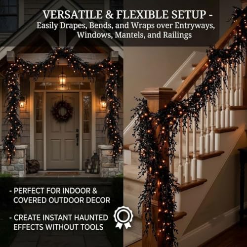 Halloween Lighted Creepy Vine Garland LED Black Vine Fireplace Decor，8.8ft - Image 4