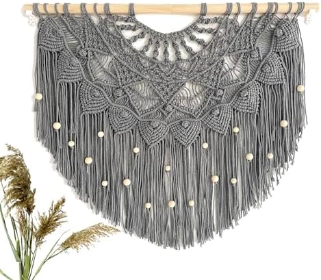 Youngeast Large Macrame Wall Hanging Boho Beaded Curtain for Window Macrame Bedroom Headboard Living Room Wall Art Tassel Tapestry Bohemian Woven Wall Decor 31" W X 25" H (Grey) by Unknown