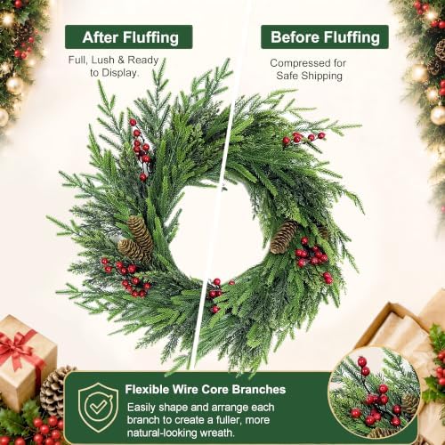 24 Inch Norfolk Pine Wreath for Front Door, Artificial Christmas Wreath - Image 6