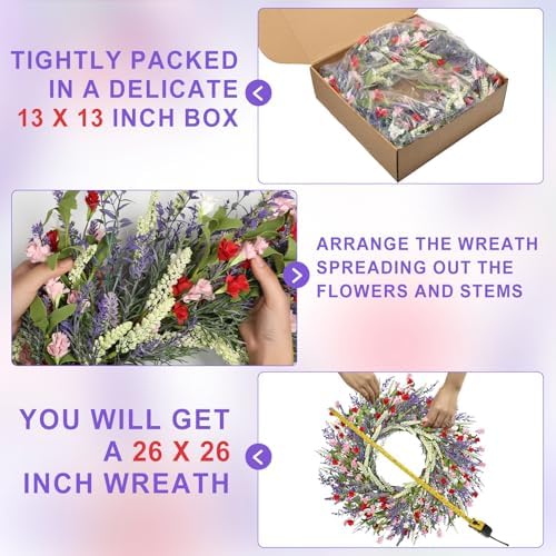 LZNPA 26 Inch Large Lavender Wreath for Front Door Greenery Summer Spring Wreaths for Front Door Wreaths for Front Door All Seasons for Wedding Farmhouse Wall Porch Window Decor(Red Pink Lavender) - Image 5