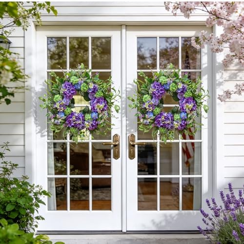 24 Inch Spring Wreath for Front Door, Artificial Hydrangea and Thistle Flowers, Spring and Summer Door Wreath with Lush Greenery, Summer Wreath for Indoor Outdoor Decor - Image 6