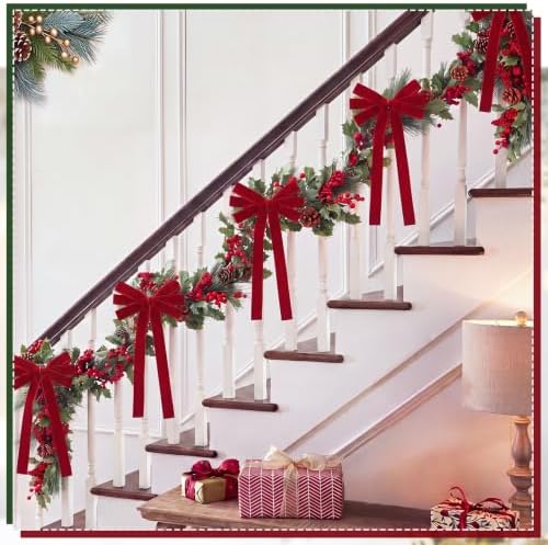 Riceshoot 6ft Red Berry Bow Christmas Garland for Mantel Fireplace - Image 5