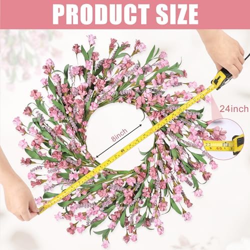 24" Spring Wreaths for Front Door Not Withering Artificial Floral Wreath with Wildflowers Summer Decorations for Indoor Outdoor Window Wall Farmhouse Porch Wedding Easter Home Decor Blush Pink - Image 4