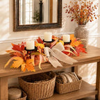 26" Fall Candle Holder Centerpiece with Pumpkins, Maple Leaves & Burlap Bow - Image 6