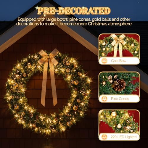 VINGLI 60" Extra Large Pre Lit Christmas Wreath with 220 LED Lights - Image 7