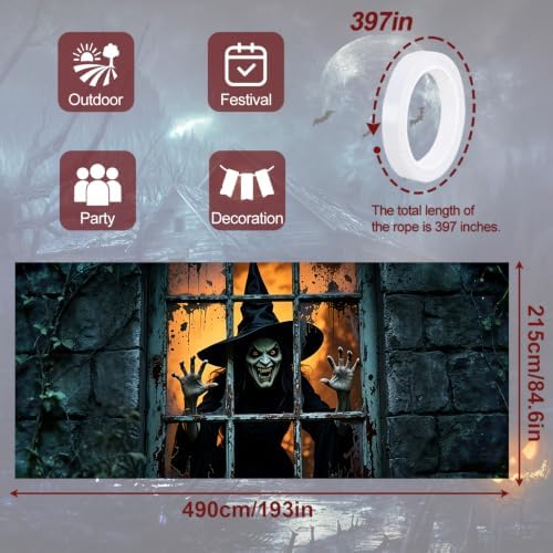 7 * 16FT Halloween Witch Garage Door Cover Decorations Halloween Scary Witch Garage Door Banner for Outdoor Indoor Halloween Decorations Party Photography Backdrop - Image 4