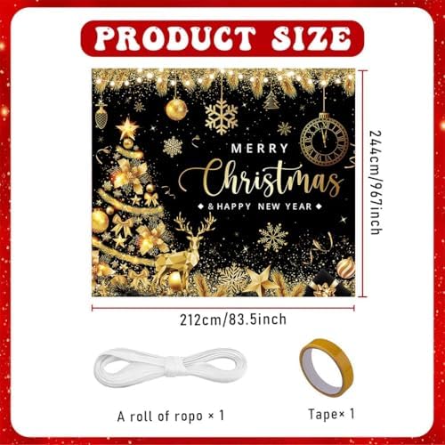 Black Gold Garage Door Christmas Cover Decorations: Xmas Tree Garage Door Cover Banner 7x8ft, Merry Christmas and Happy New Year Party Backdrop for Photography Large Christmas Background - Image 3