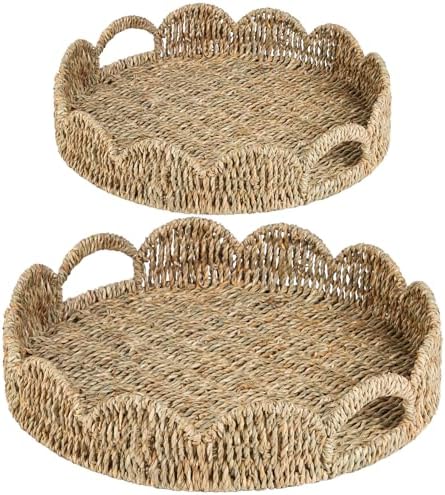 Scalloped Serving Tray, 13.8" Woven Round Table Decor Tray, Wicker Rattan Basket with Handles, Natural Seagrass Tray for Room Decor, Set of 2 by ATEDIR