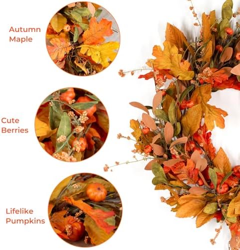Fall Wreath for Front Door 24 inch Autumn Leaves Pumpkin Outdoor - Image 4
