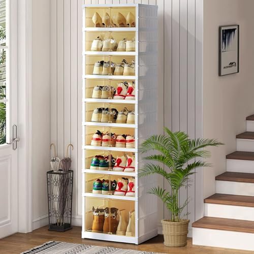 Shoe Box Foldable Storage Box Easy Assembly Clear Plastic Stackable Shoe Storage Organizer Cabinet Shoe Container with Lids Large Size Shoe Rack (9 layers) by AOHMPT