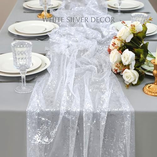 Snowkingdom 10 Pcs 10 FT Silver Table Runners, Sheer Chiffon Gauze Cheesecloth Runner, Sequin Glitter Silver Party Table Decoration Centerpieces for Wedding Christmas Birthday Bridal Baby Shower - Image 4