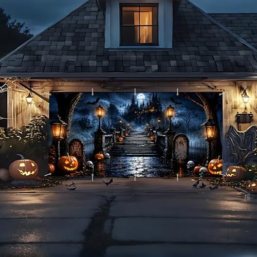 Halloween Garage Door Banner 16x7 ft Outdoor Spooky Haunted Castle Backdrop Cover Large Cemetery Gravestone Pumpkin Jack-O-Lantern Full Moon Bats Skulls Holiday House Wall Party Decorations - Image 3