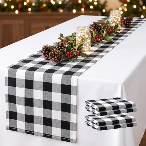 ShinyBeauty 4 Packs Black & White Plaid Table Runners 13x72”Christmas Decor by ShinyBeauty