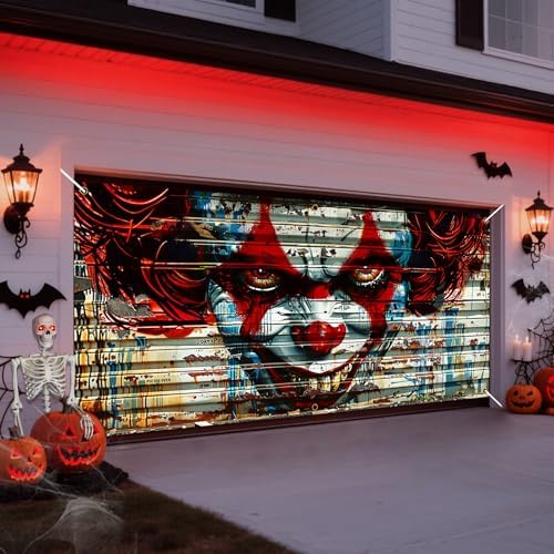 Halloween Garage Door Decorations Scary Clown Garage Door Banner Cover 6x13 Ft Rusty Horror Spooky Joker Extra Large Halloween Party Backdrop Decor Outdoor Holiday Background Sign Supplies - Image 3