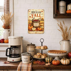 Decorative Tin Sign Vintage Metal Tin Sign Hello Fall Bird Berry Barrel Pumpkins Grateful Hearts Wall Decor for Farmhouse Kitchen Dining Room Porch 6×8 Inches with Metal Frame - Image 4