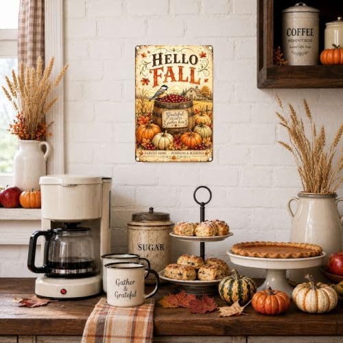 Decorative Tin Sign Vintage Metal Tin Sign Hello Fall Bird Berry Barrel Pumpkins Grateful Hearts Wall Decor for Farmhouse Kitchen Dining Room Porch 12×16 Inches with Metal Frame - Image 4