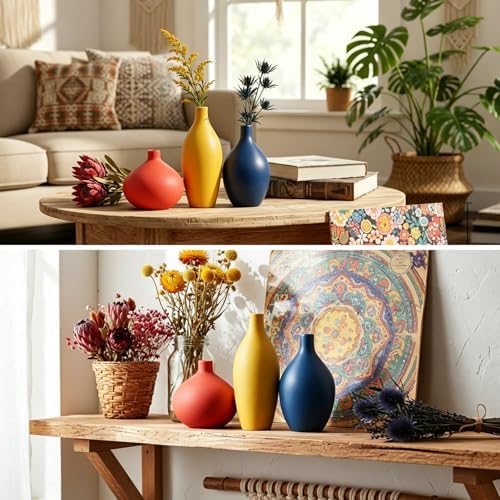 Colorful Ceramic Vase Set, Small Burnt Orange Blue Yellow Vases Home Decor,Fall Décor Modern Farmhouse Vases for Home Decor, Organic Decor Accents for Living Room, Table, Shelf, Entryway,Set of 3 - Image 6