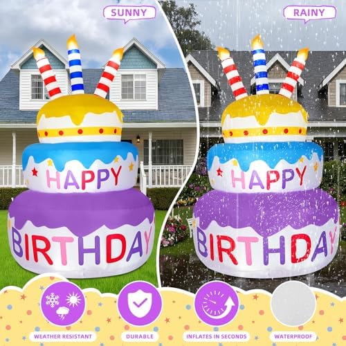 B&D 6FT Happy Birthday Cake Inflatable with 180° Rotation, 3-Color Yellow Blue Purple Tiered Cake with Sparkling LED Lights, Blow Up Outdoor Indoor Decoration for Lawn Yard & Party - Image 5