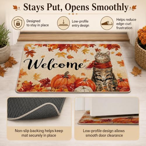 Fall Welcome Doormat 32x48in, Autumn Cat with Plaid Scarf Front Door Mat - Image 4