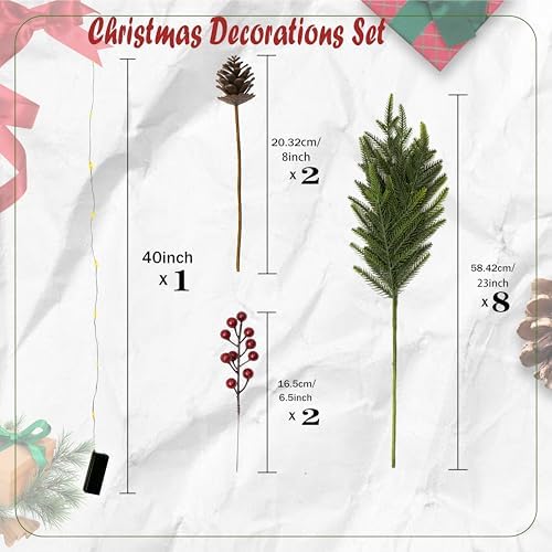 WHANLEY L&Q 12-Piece Set 23" Christmas Norfolk Pine Branches with Lights - Battery Operated Christmas Decorations - Warm Lights-Norfolk Pine Stems for Xmas DIY Crafts Garland Wreath - Christmas Decor - Image 3