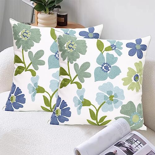 Pack of 2 Embroidered Decorative Throw Pillow Cover 18x18 Inch Farmhouse Floral Pillowcase for Living Room Sofa Bed (Grass Flower) - Image 2