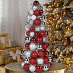 16" Tabletop Christmas Tree, Small Christmas Tree Decorations with 94 Shatterproof Ornaments Balls Miniature Cone Xmas Tree for Holiday Party Wedding -Red Sliver - Image 3