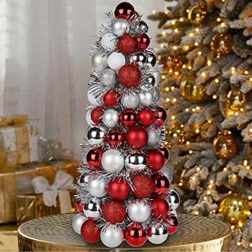 16" Tabletop Christmas Tree, Small Christmas Tree Decorations with 94 Shatterproof Ornaments Balls Miniature Cone Xmas Tree for Holiday Party Wedding -Red Sliver - Image 3