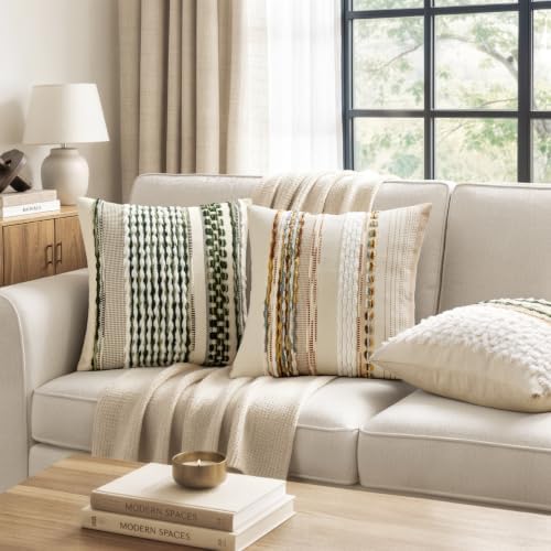 ANRODUO Boho Decorative Pillow Covers Plush Olive Green 18x18 Pack of 2 - Image 2