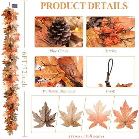 6 FT Lighted Fall Garland with Lights Autumn Automatic ON/Off Timer - Image 4