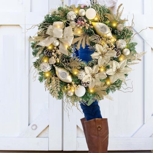 WANNA-CUL Pre-Lit 24 Inch Champagne Gold Christmas Wreath for Front Door - Image 2
