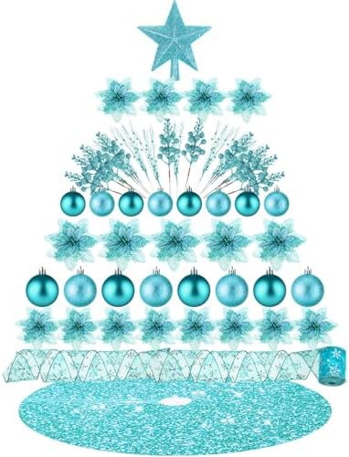 Realspring 72 Pieces Christmas Tree Ornament Set Xmas Assorted Decorations Bulk Glitter Poinsettia Berry Picks Topper Star Sequin Tree Skirts for Home Wreaths Holiday Party Favors (Turquoise) by Realspring