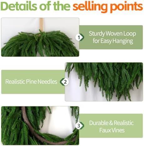 24" Norfolk Pine Christmas Wreath for Front Door – Large Artificial Greenery Wreath for Wall, Porch, or Indoor Outdoor Holiday Decor – Real Touch Pine Foliage (1, 24") - Image 3