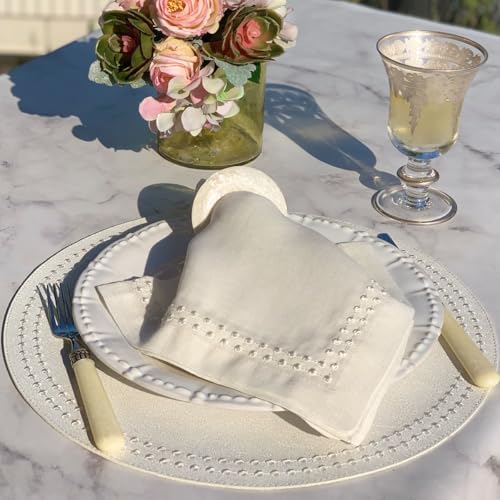 Bodrum Pearls Round Embroidered Placemats Set of 4 – 15" Elegant Table Mats for Dining, Weddings & Special Occasions, Decorative, Wipe-Clean Vinyl Placemats. Antique White/White - Image 4