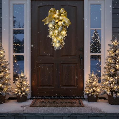 24 Inch Lighted Christmas Teardrop Wreath with Timer and Ornaments - Image 4