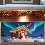 Christmas Garage Door Banner 7x16FT Snowman Post Office & Aurora Scene, Winter Garage Cover for Outdoor Holiday Decorations by ANNAQUEEN