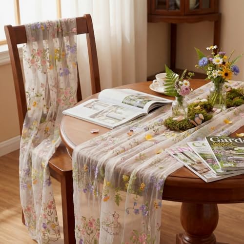 Ivory White Floral Table Runner 10ft Embroidery Tulle Spring Wildflower Table Runner Seasonal Summer Butterfly Kitchen Dining Gauze Decoration for Wedding Baby Shower Birthday Party (3 Pcs) - Image 5