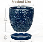 Hollyone 6 Inch Blue Ceramic Planter Flower Plant Pot with Drainage Hole and Saucer for Plants Embossed Indoor Outdoor Garden Embossed Ceramic Glazed Round Pot for Succulent Orchid Mixed Pattern - Image 2