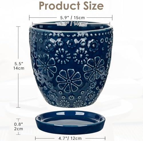 Hollyone 6 Inch Blue Ceramic Planter Flower Plant Pot with Drainage Hole and Saucer for Plants Embossed Indoor Outdoor Garden Embossed Ceramic Glazed Round Pot for Succulent Orchid Mixed Pattern - Image 2