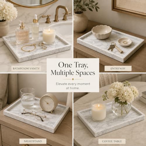 Natural Marble Decorative Tray, 11.8"x7.87" Solid Stone Serving Tray with Raised Border, Versatile Rectangle Organizer for Entryway Key, Coffee Table, Nightstand, Jewelry & Home Accent (White) - Image 5