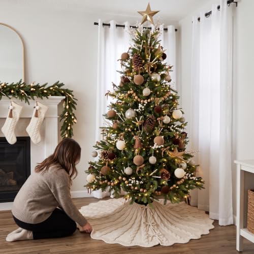 Thenshop 60 Inch Chunky Cable Knit Christmas Tree Skirt, Beige - Image 2