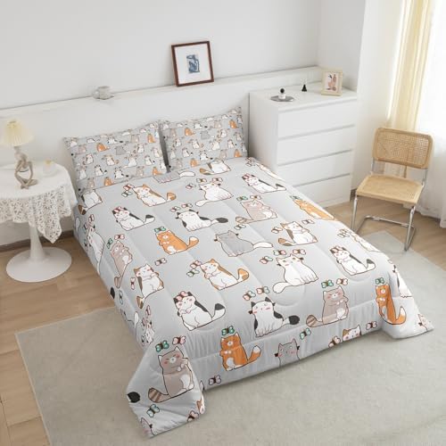 Cartoon Cat Bedding Set King For Kids Boys Girls, Butterfly Decor Comforter Room Decor, Kawaii Animal Kitten Duvet Set Cute Pet Theme Down Comforter, White Gray Orange Garfield Bedding Comforter Sets - Image 3
