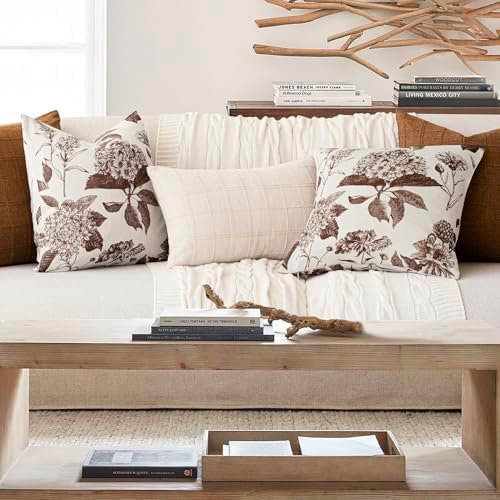 Foindtower Set of 2 Linen Floral Throw Pillow Covers Neutral Vintage Print Decorative Cushion Covers Farmhouse Boho Home Decor for Sofa Chair Couch Bedroom Living Room,18×18 Inch,Dark Brown - Image 6